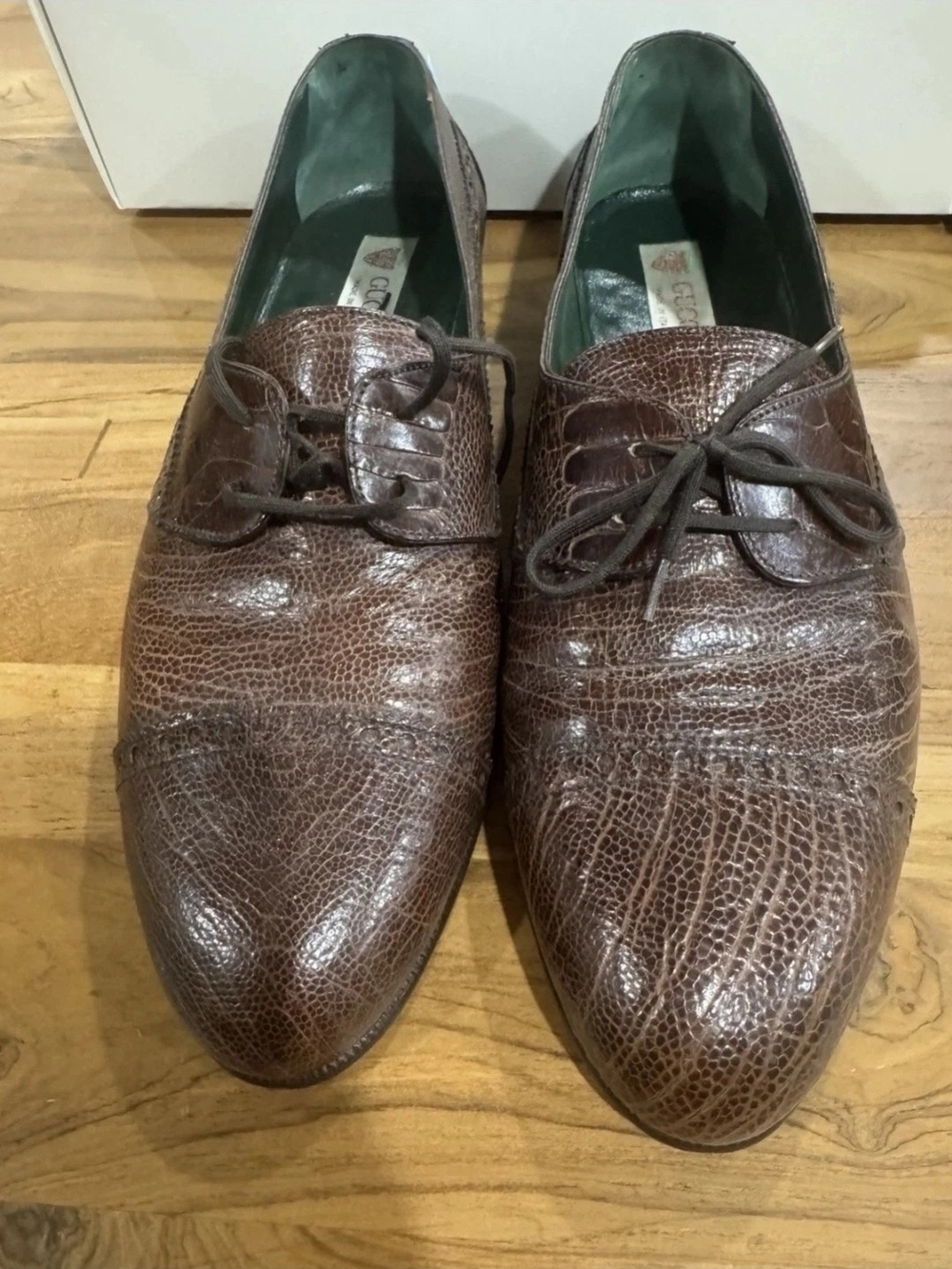 Vintage Gucci Men’s 42.5 D or 9 US Size Brown Lizard Oxfords Made in Italy Box